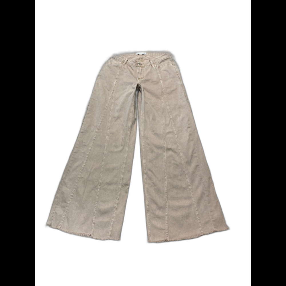 Flying Monkey Low Rise Wide Leg Flare Jeans Beige Tan Raw Hem Front Seam Size 29